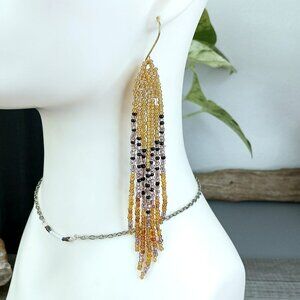 Long Beaded Fringe Dangle Earrings, Seed Bead Statement Boho Chic Jewelry 5.5"